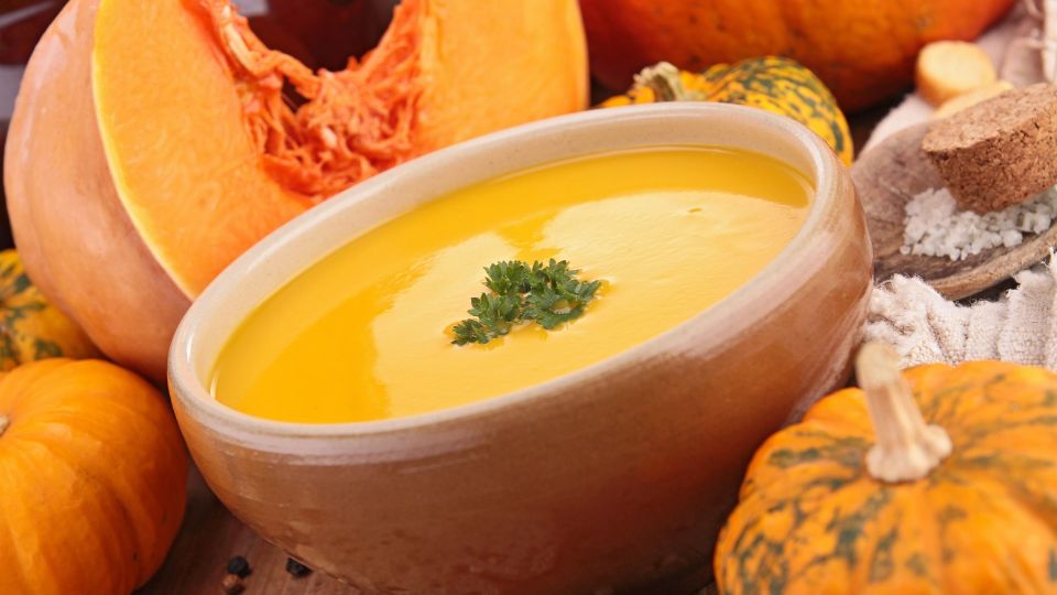 A soup surrounded by varying pumpkins.