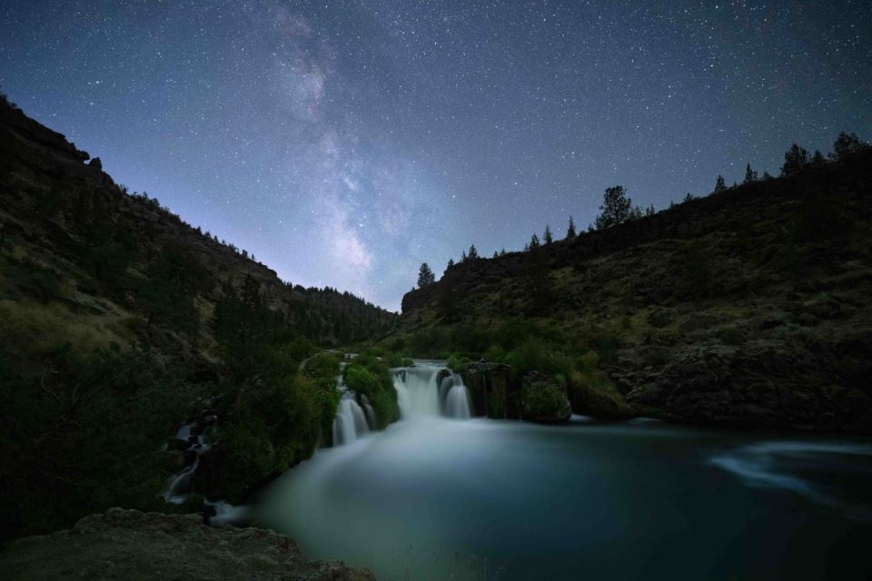 Milky Way splendor over Steelhead Falls, upper Deschutes River, Oregon