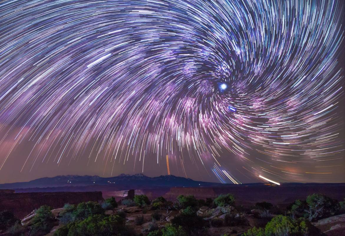 Star trails over La Sal Mountains, Moab, Utah, looking north Photo Credit: Bettymaya Foott
