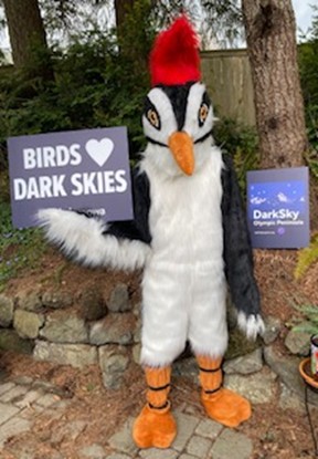 A person dressed in a bird costume stands outdoors holding a sign that reads “Birds Love Dark Skies,” with a DarkSky Olympic Peninsula sign nearby.