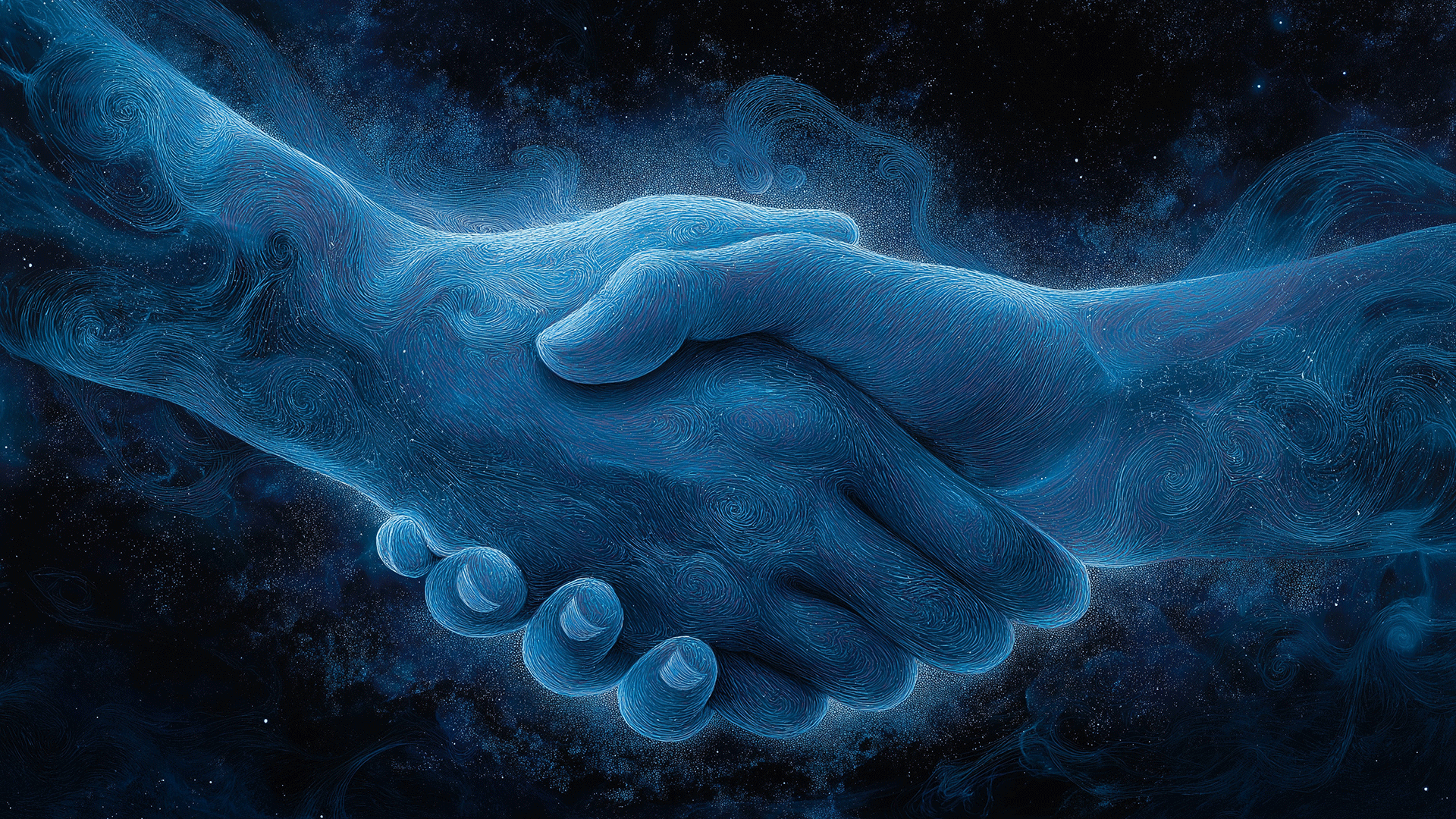 Artistic image of handshake set against a dark night sky