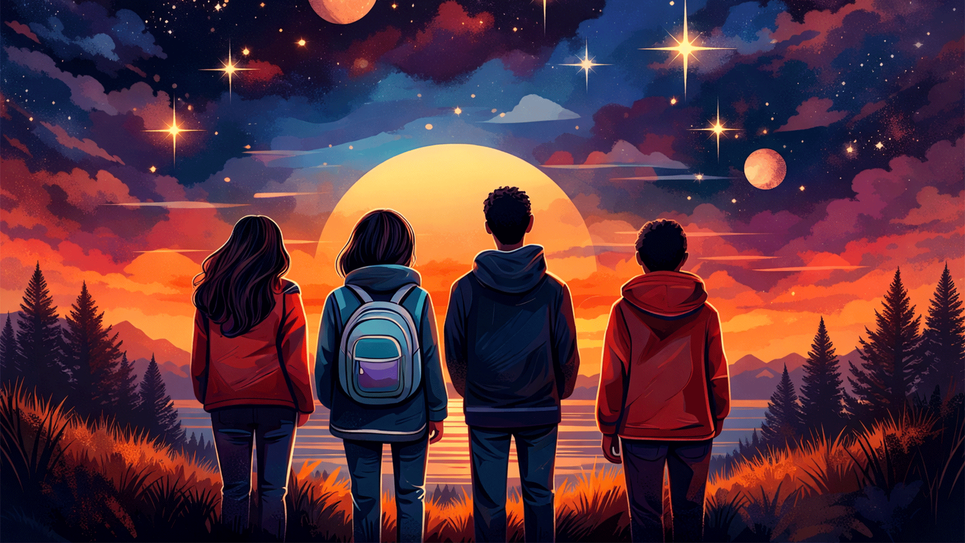 Teens under a dark night sky during an outdoor program