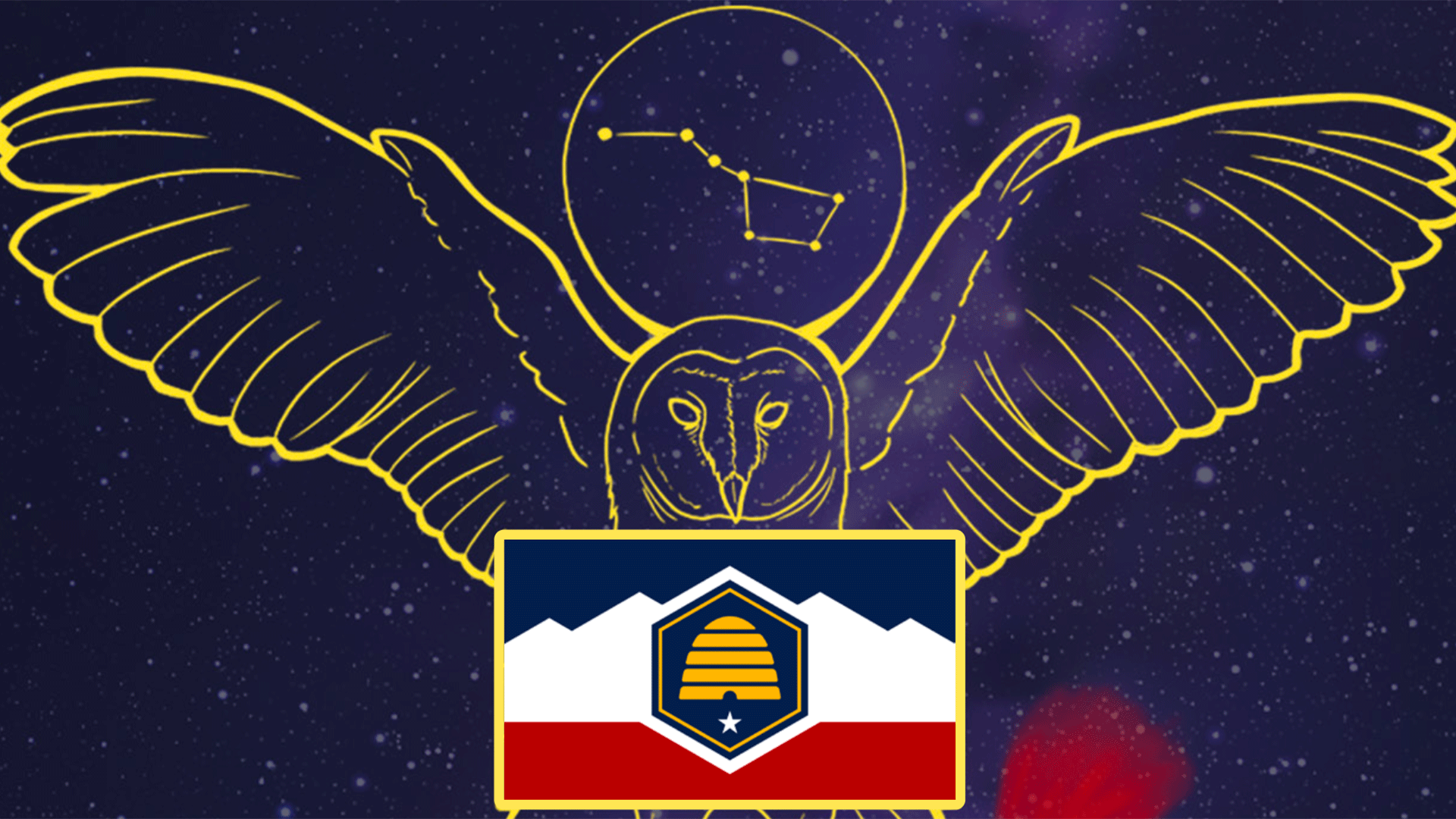 Artistic image of a barn owl holding the Utah state flag, set against a dark night sky