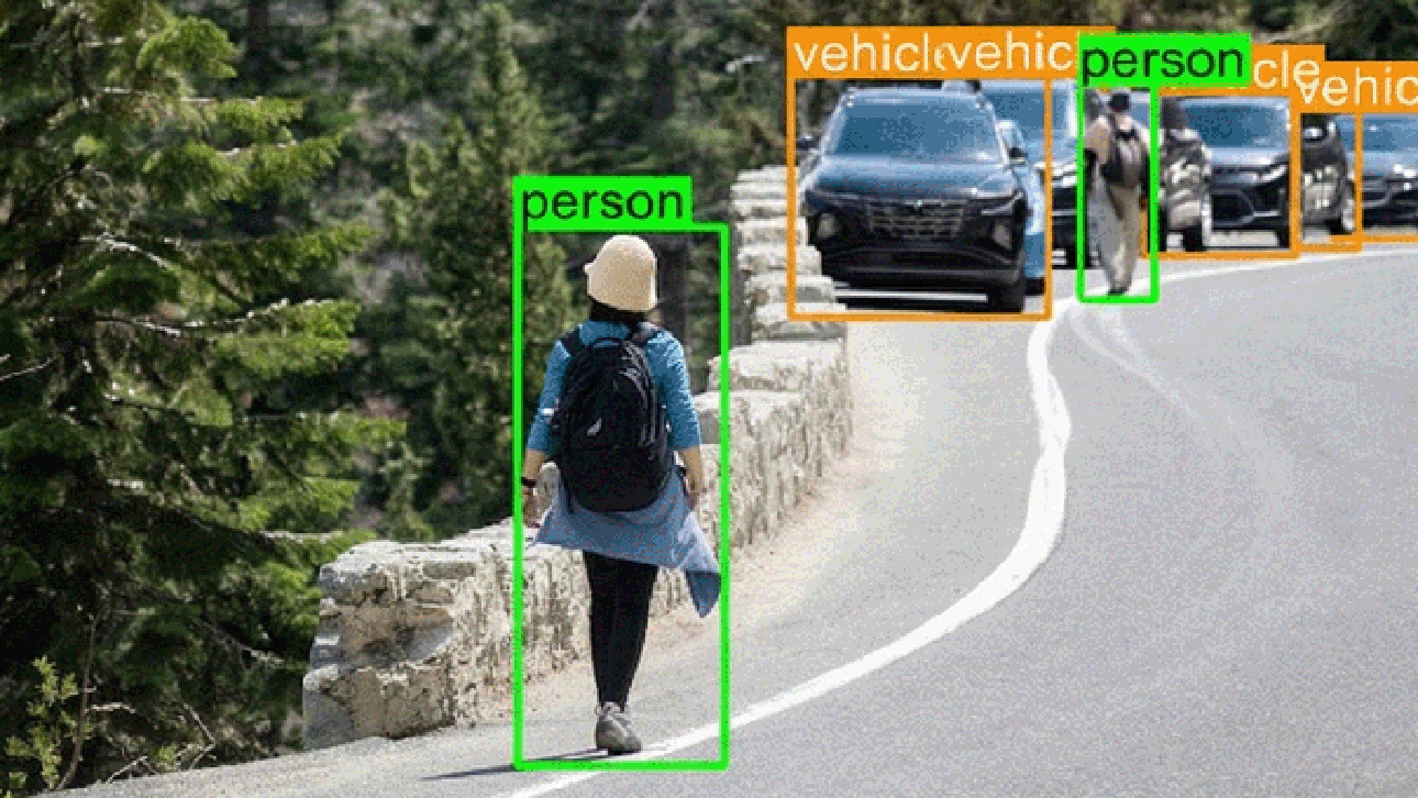 Photograph of hiker and cars on roadway with object detection boxes around them