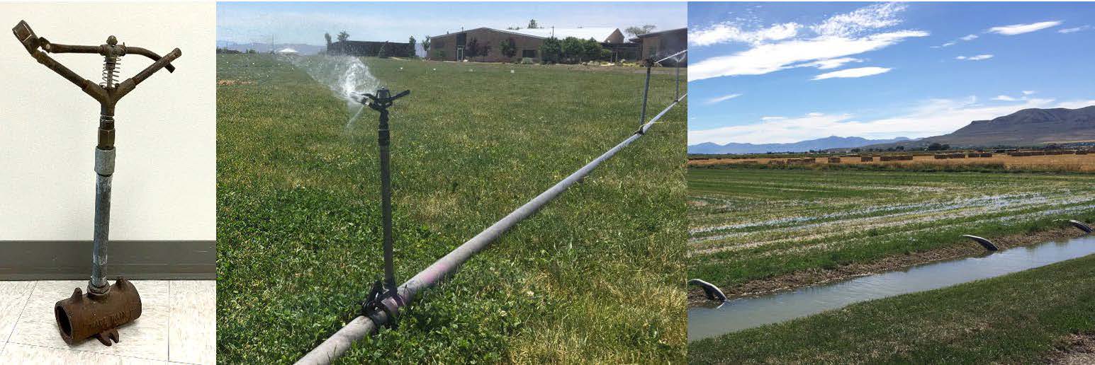 Three irrigation sprinkler systems, including a portable sprinkler, a pipe-mounted sprinkler in a field, and a field irrigated with sprinklers.