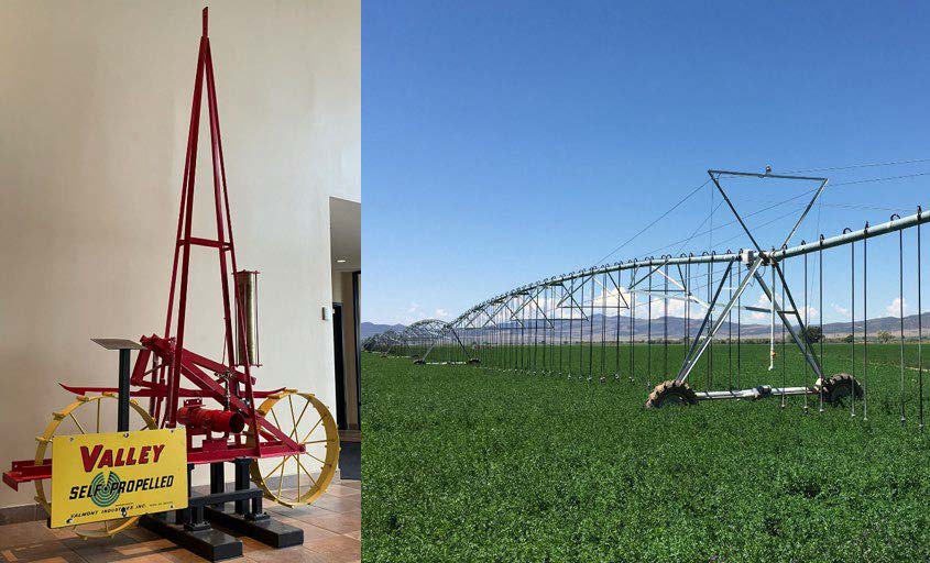 Two center-pivot irrigation systems, including a historical self-propelled unit and a modern center-pivot sprinkler irrigating a field.