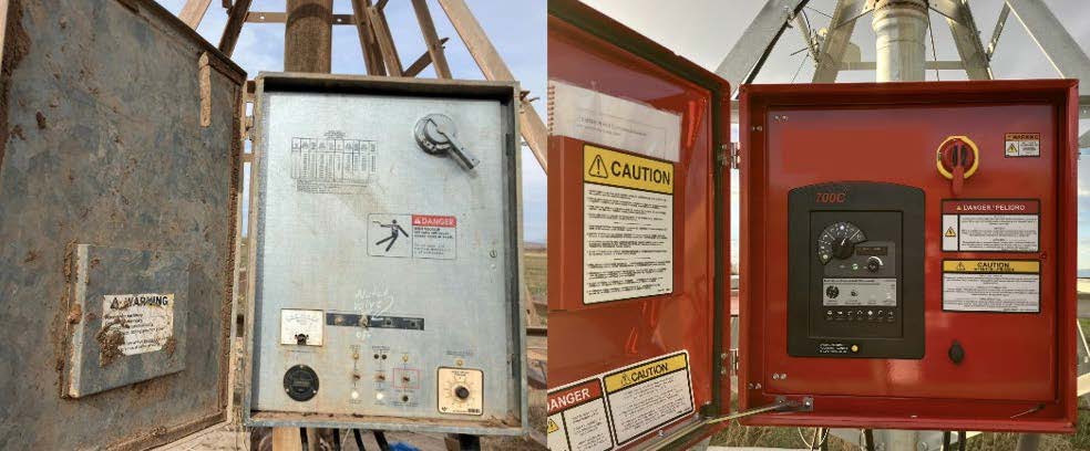 Side-by-side images of older and newer irrigation system control panels with safety warning labels.