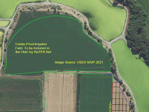 Aerial image of a center-pivot-irrigated field. The field is a 32-acre, half pivot. Alfalfa is the typical crop.