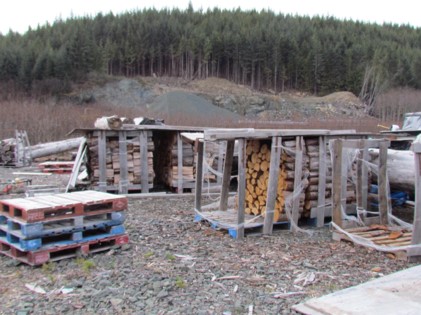 Wood stacked on pallets with frames built around them.