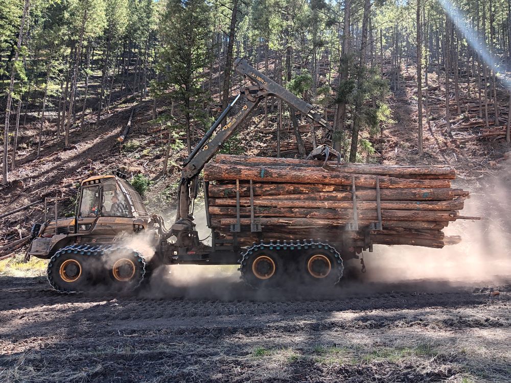 A side view of the logging truck with a mechanical arm holding the logs in place.