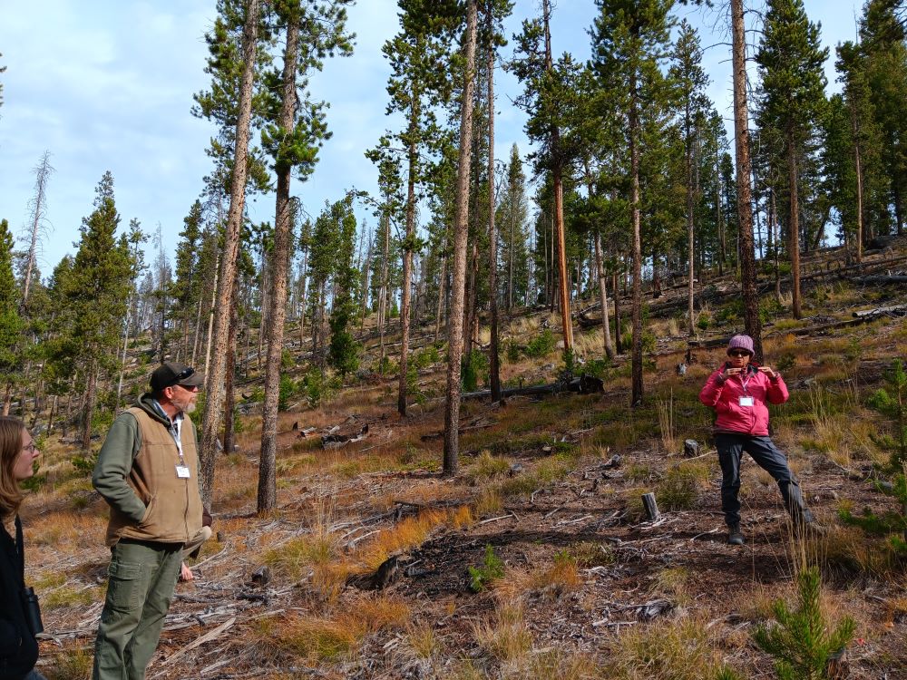 A woman in a pink jacket talks to the group.