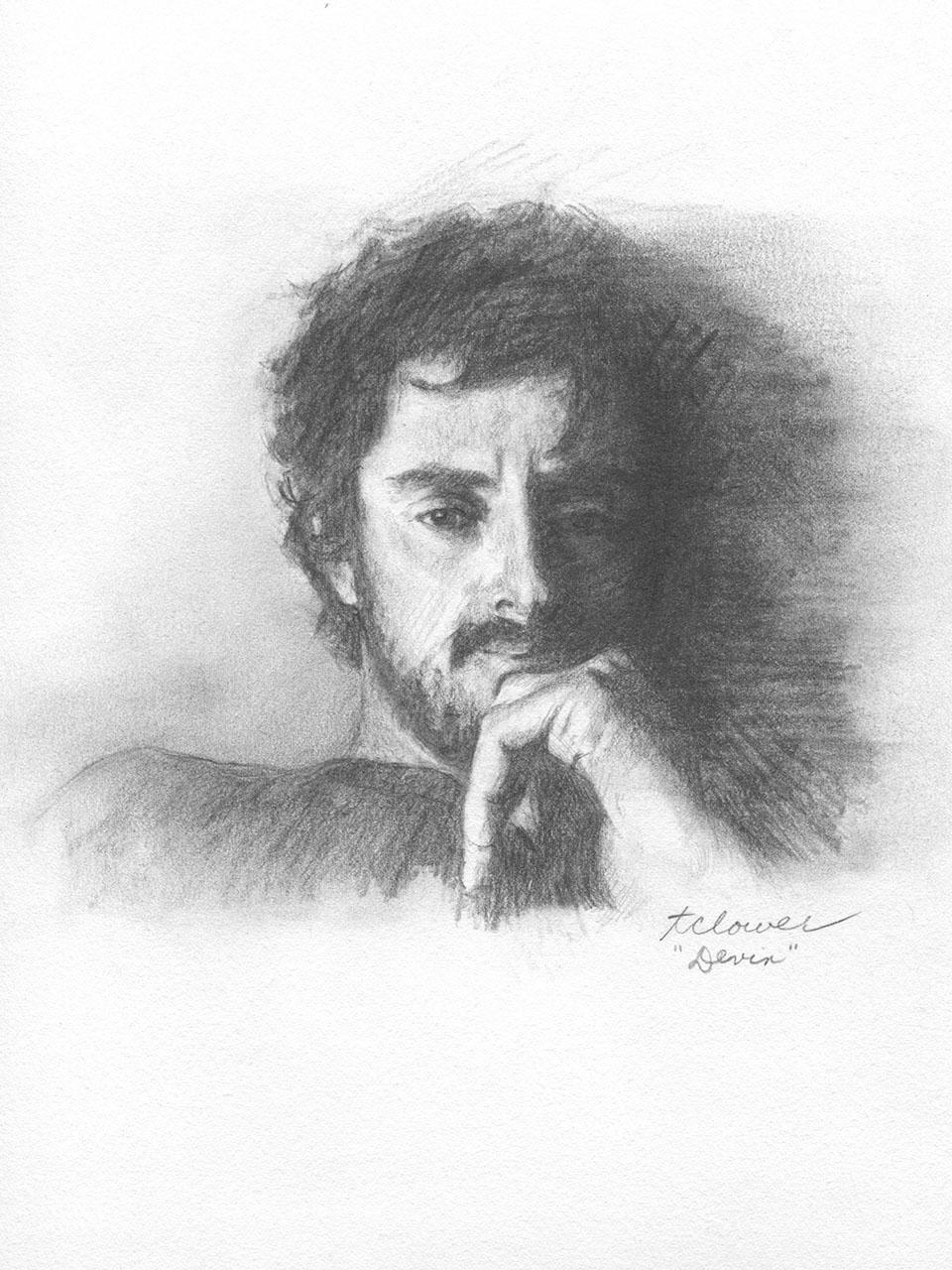 A pencil drawing of a young man with a beard holding his hand at his chin