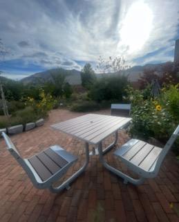 A table of chairs within a garden.
