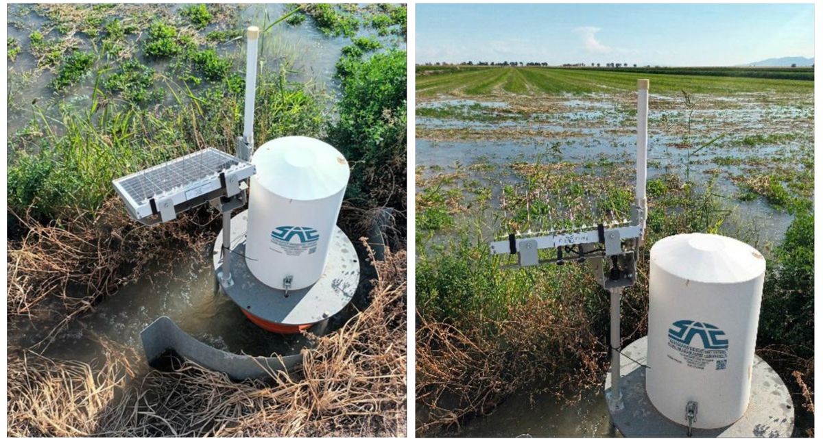 2 images of surge valves in fields filled with water.