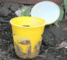 Bait station made from discarded container keeps bait dry and away from birds and pets.