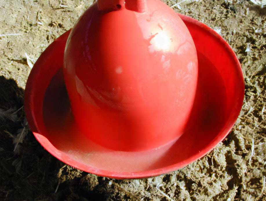 Red bell drinker hanging from a water line, water filling the rim around its base.