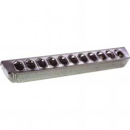 Galvanized metal trough feeder with multiple feeding ports.