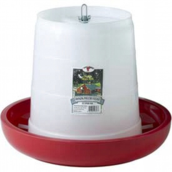 White plastic gravity feeder with red plastic base pan.