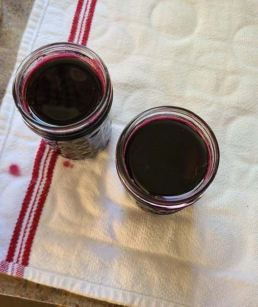 Red chokecherry jelly in a glass jar.