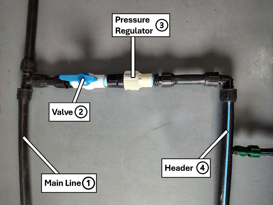 Photograph of a drip irrigation system showing the connection between the main water line and the irrigation header. The labeled components are (1) the main line, (2) a shutoff valve, (3) a pressure regulator, and (4) the header that distributes water to the drip tubing.