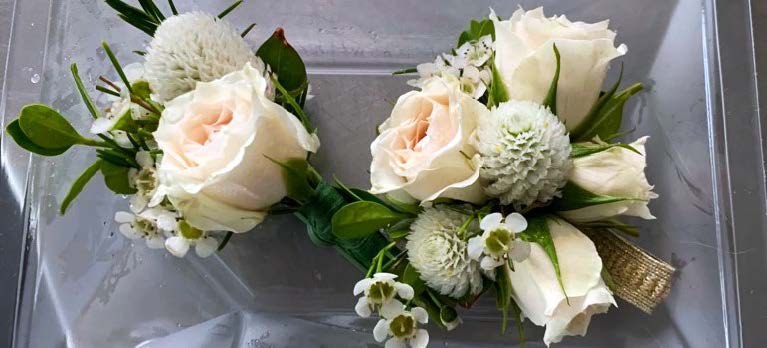 Corsages in a plastic container with white and pink flowers. 