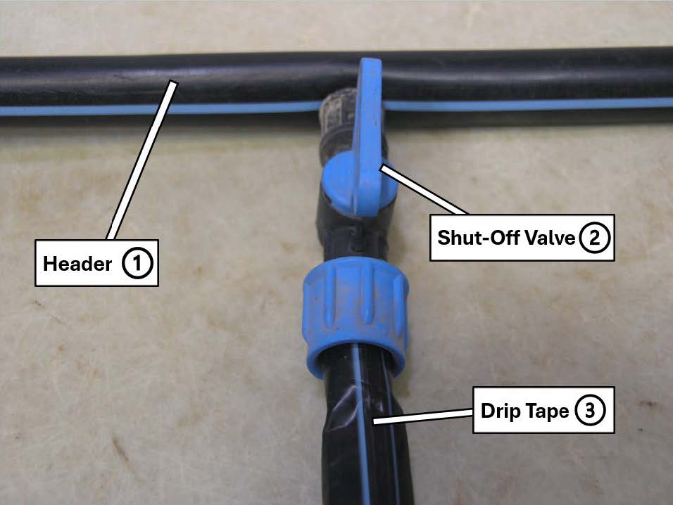 Close-up of a drip irrigation connection showing a polyethylene header line with a shut-off valve connected to a drip tape line. Labels identify the three components: (1) header, (2) shut-off valve, and (3) drip tape. The shut-off valve allows water flow to the individual drip tape line to be turned on or off.