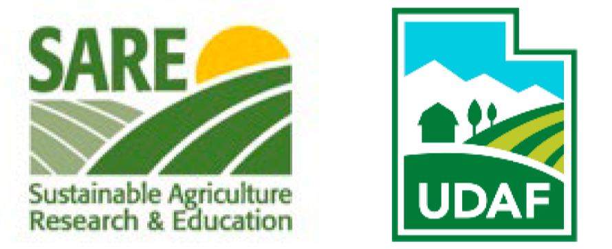 Logo saying SARE; sustainable agriculture research and education with green rolling feilds and a yellow sun and a utah shaped UDAF logo.
