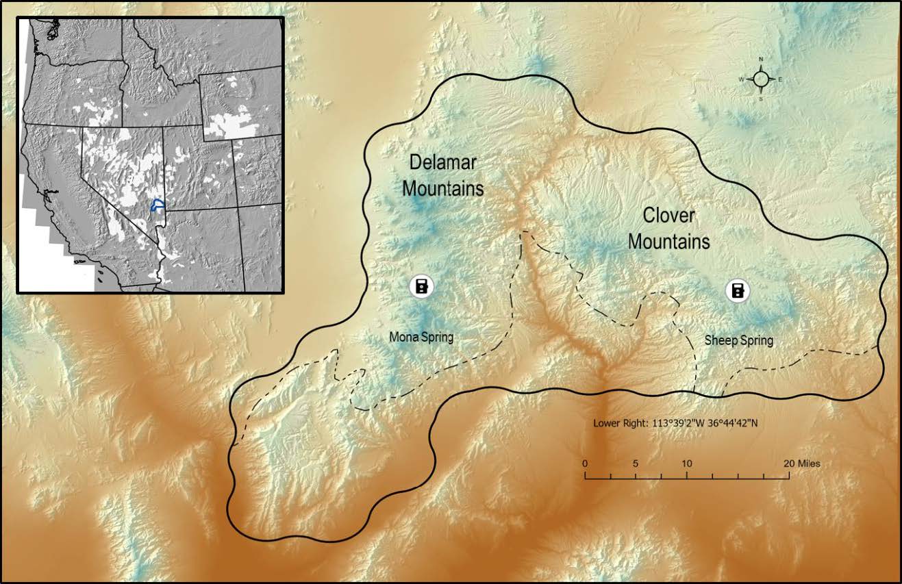 Relief map of the Delamar and Clover Mountains in western Utah outlining the study area. The map identifies Mona Spring and Sheep Spring, labels the Delamar and Clover mountain ranges, includes roads, a north arrow, coordinates, a 20-mile scale bar, and an inset map showing the study area's location in the western United States.