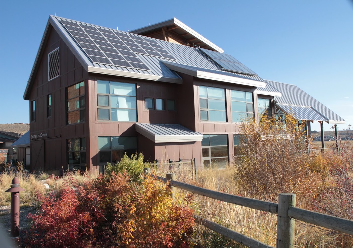 Swanter Preserve and EcoCenter building in the fall colors.
