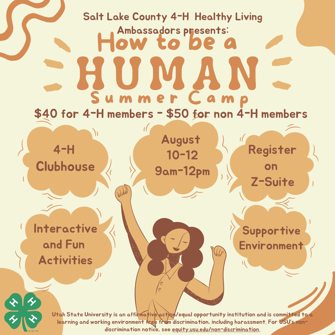 How to be a human summer camp with times, dates, location and a person with arms stretch high
