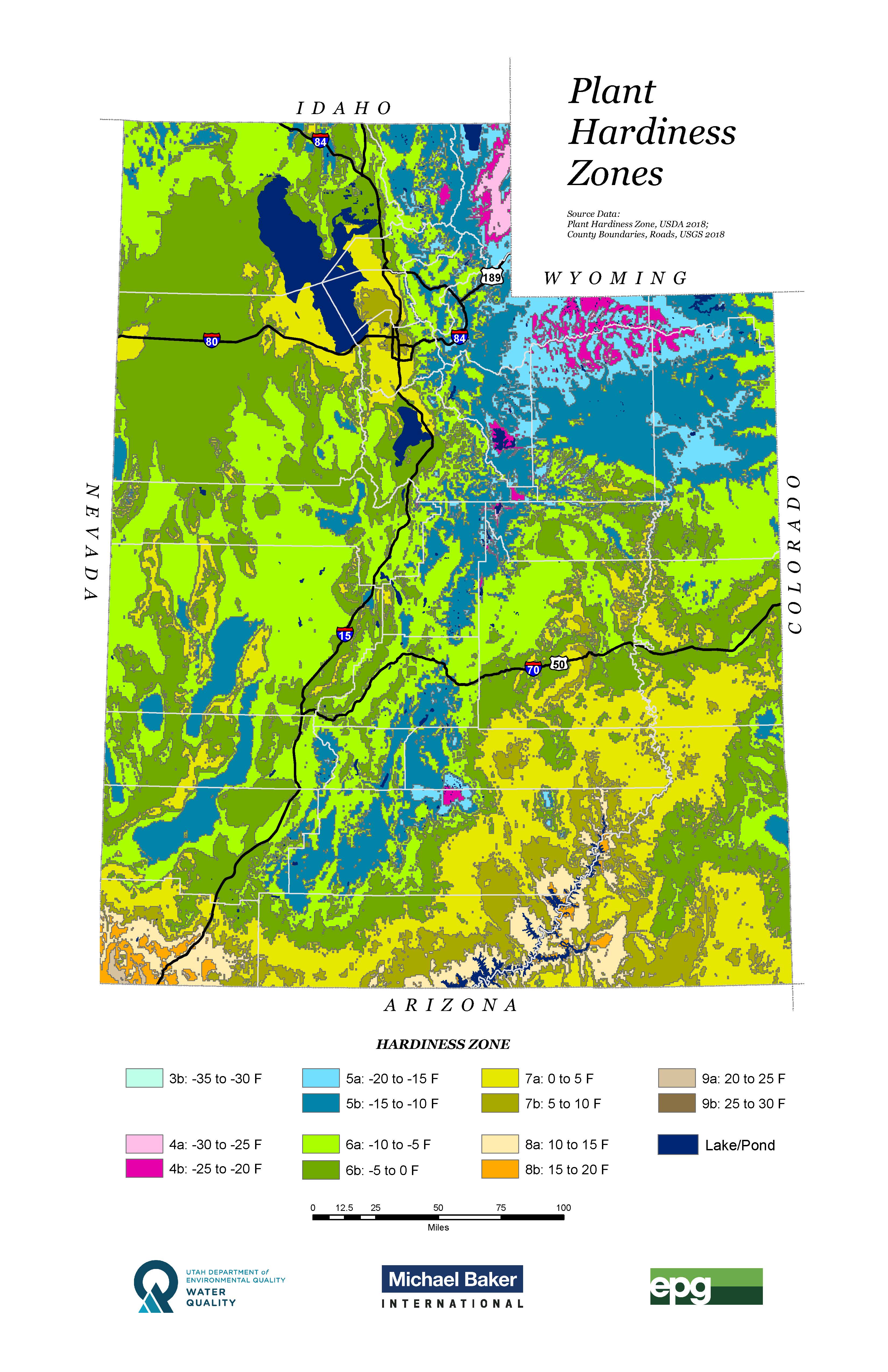 Map of Utah plant hardiness zones by DWQ