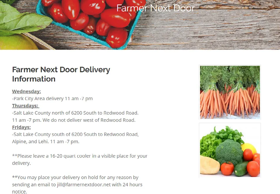 Web page with pictures of produce and delivery info, including pickup times, locations and instructions