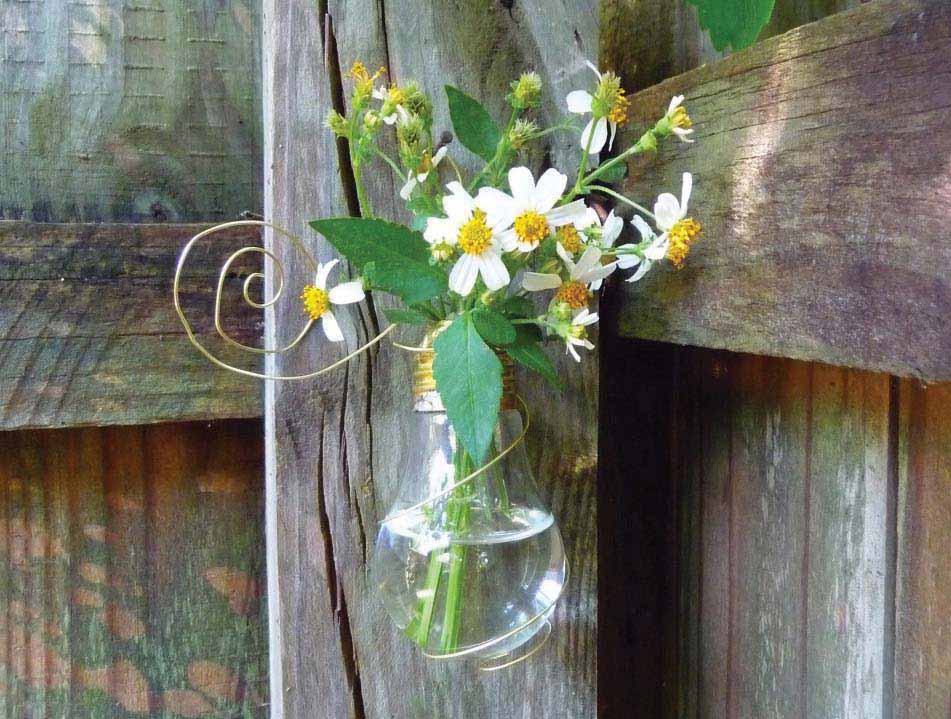 Light bulb with flowers inside, wired to a wooden fence