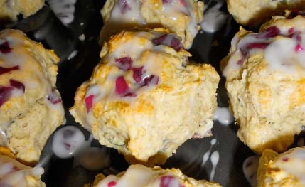 Baked scones with purple-red petals