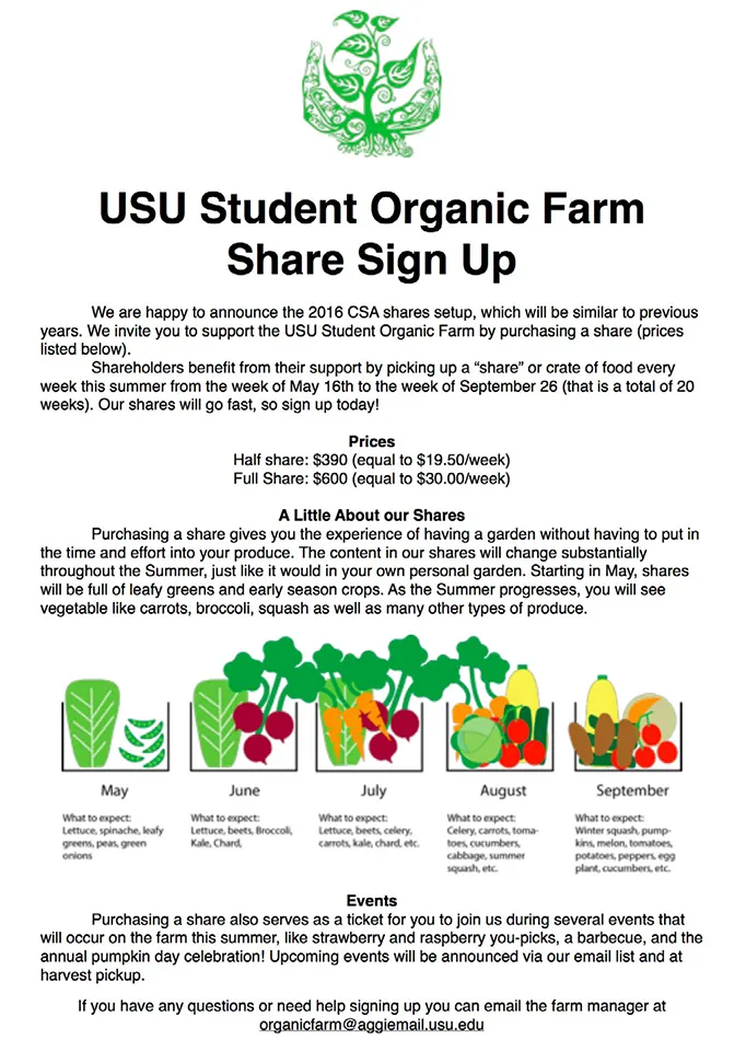 Example CSA signup flyer with key elements, such as farm name, share options, pricing, what to expect in each share, and contact information.