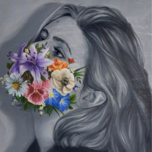 clean air girl with flowers in her mouth