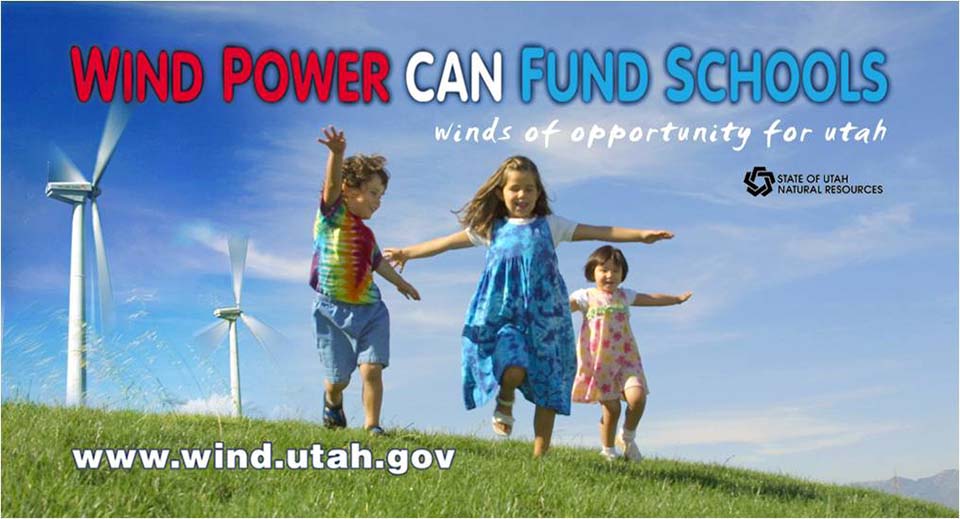 Children playing on grassy hill in front of wind turbines, text that says 'wind power can fund schools: winds of opportunity for Utah - wind.utah.gov'