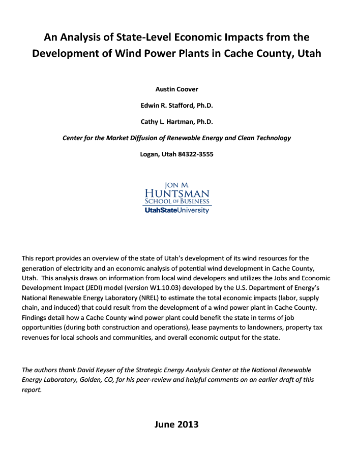 An Analysis of the Economic Impact on Cache County, Utah, from the Development of Wind Power Plants