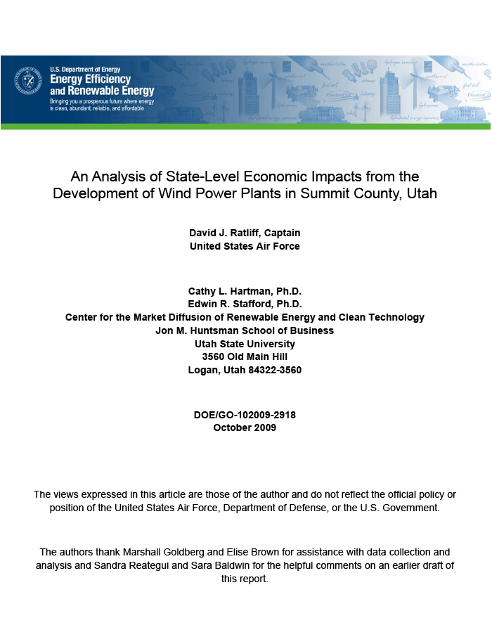 An Analysis of State-Level Economic Impacts from the Development of Wind Power Plants in Summit County, Utah