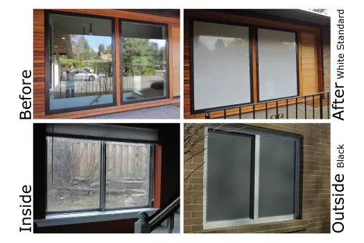 Before and after photos of window films that are opaque from outside and transparent on inside. The film comes in white and black.