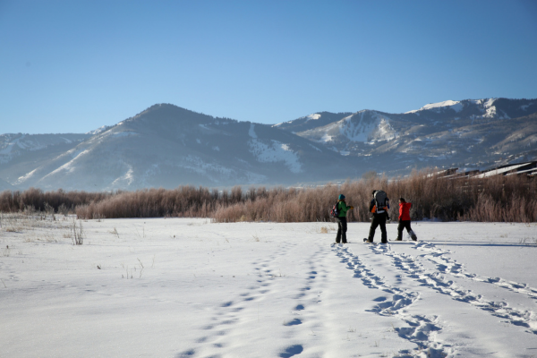 group of people snowshoeing with wasatch mountains in the background