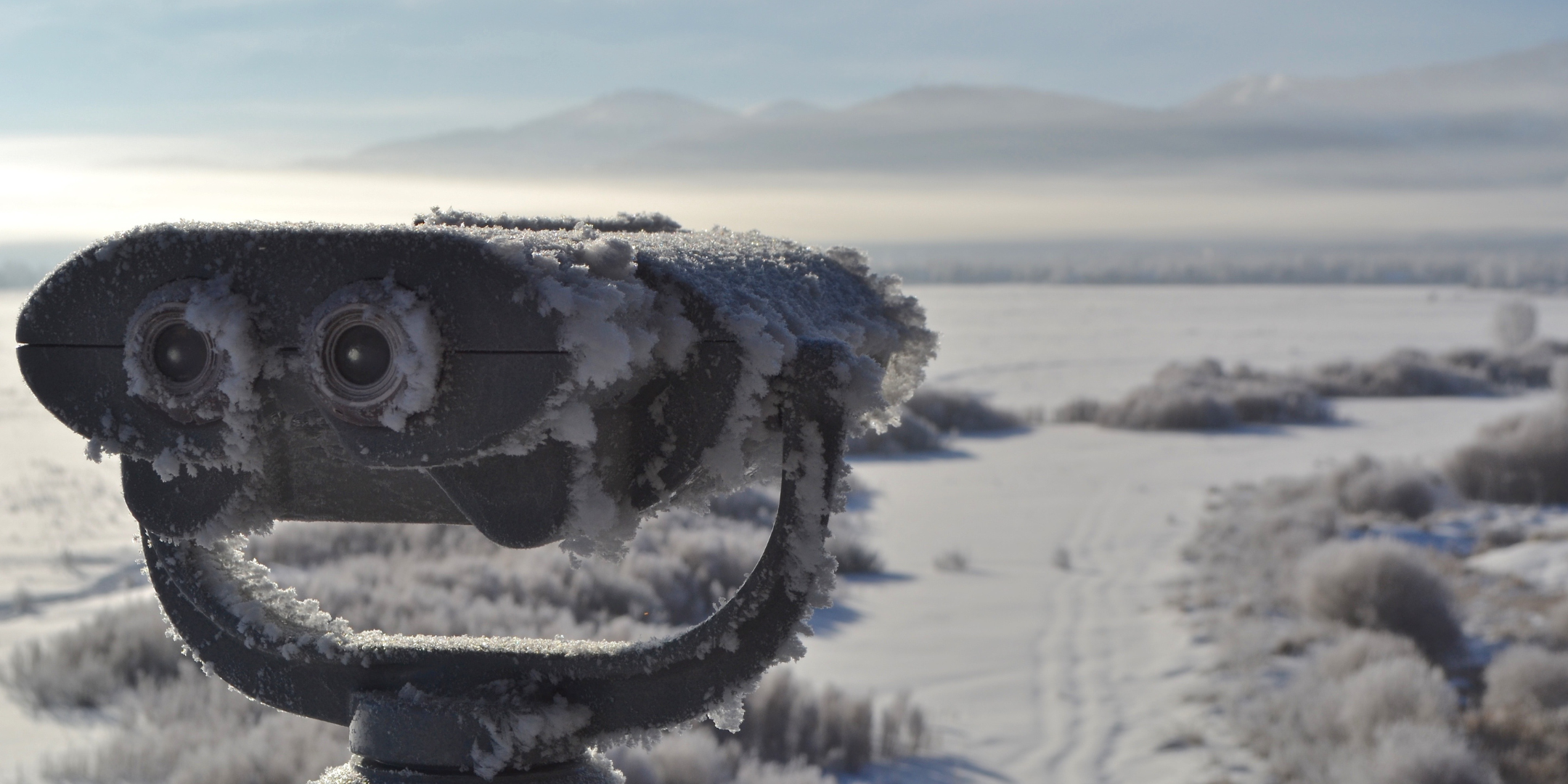 Stationary binoculars atop a tower looking frosty and out on frozen wetland preserve