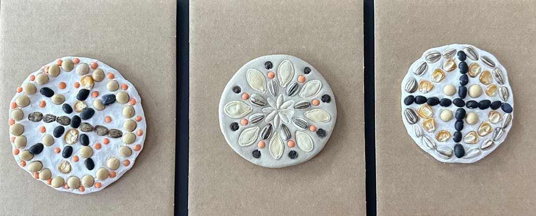 3 examples of circular clay with seeds