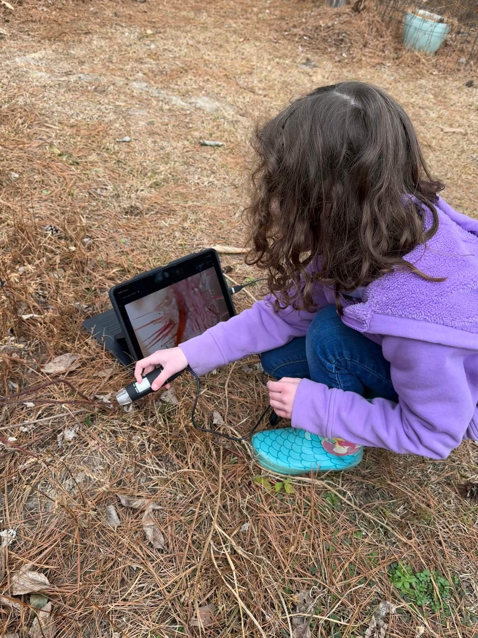 Girl in a garden observing through a digital microscope.