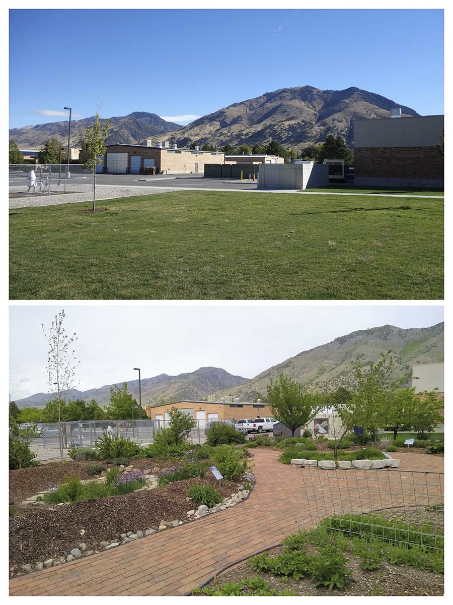 The top image is of a grassy field outside of a building and the bottom image is the same place but now with garden beds.