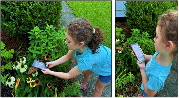 Girl documenting a moth with iNaturalist