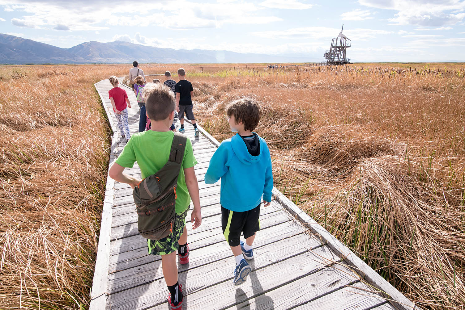 Students on boardwalk at Great Salt Lake Shorelands Preserve
