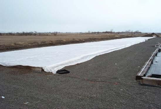 White, plastic covers over rows of crops